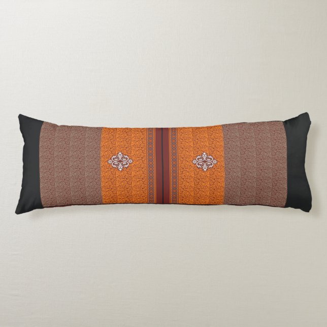 a cross stitch pattern in orange and brown body pillow (Front)