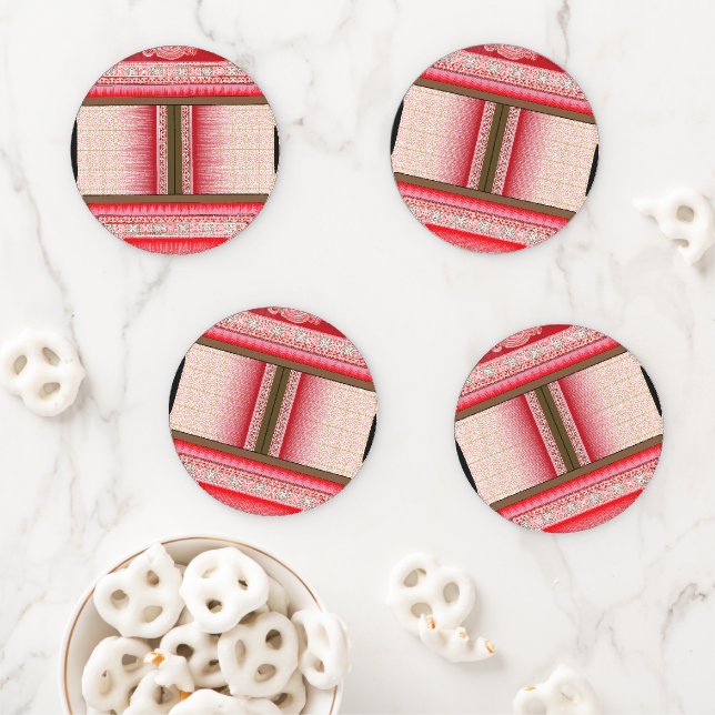 a cross stitch pattern with a red background coaster set (In Situ)