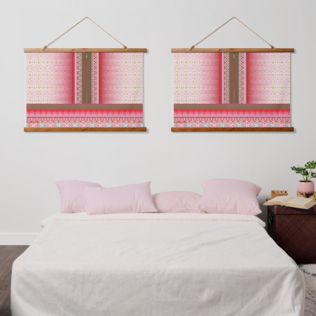 a cross stitch pattern with a red background hanging tapestry (Bedroom)