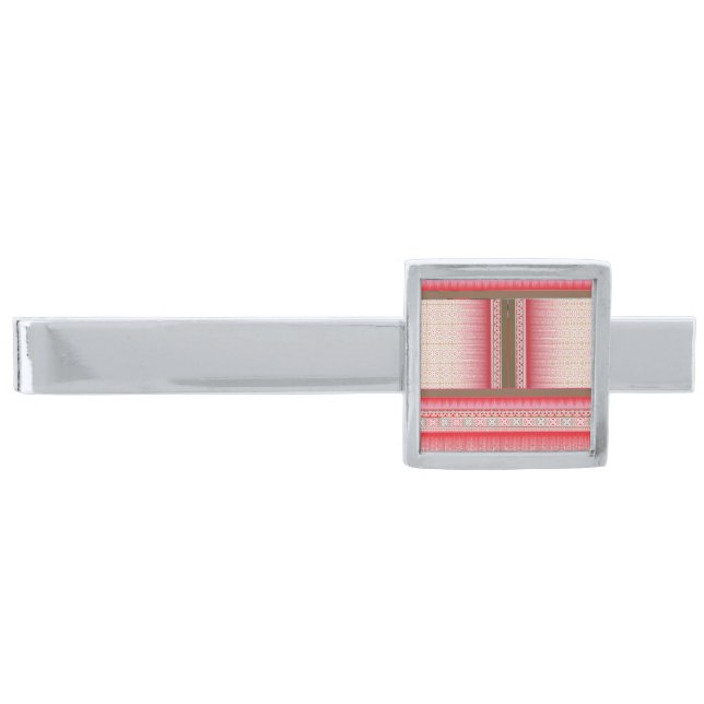 a cross stitch pattern with a red background silver finish tie bar (Front)