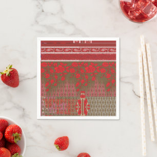 a cross stitch pattern with red flowers and vines napkins