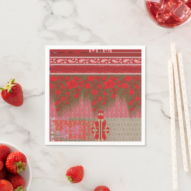 a cross stitch pattern with red flowers and vines napkins (Insitu)