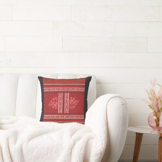 a cross stitch pattern with red flowers and vines throw pillow (Couch)