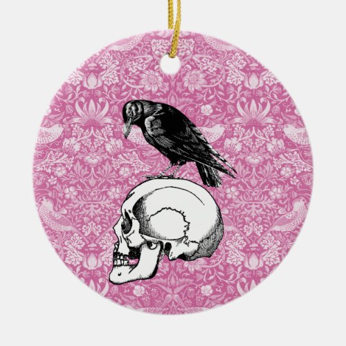 A Crow or Raven and Skull Halloween Pink and Black Ceramic Ornament