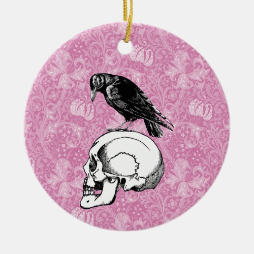 A Crow or Raven and Skull Halloween Pink and Black Ceramic Ornament