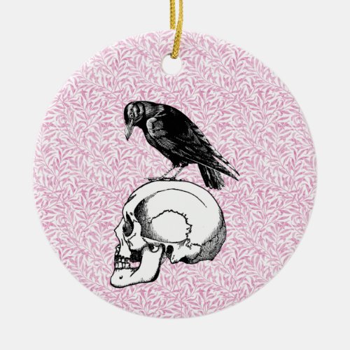 A Crow or Raven and Skull Halloween Pink and Black Ceramic Ornament