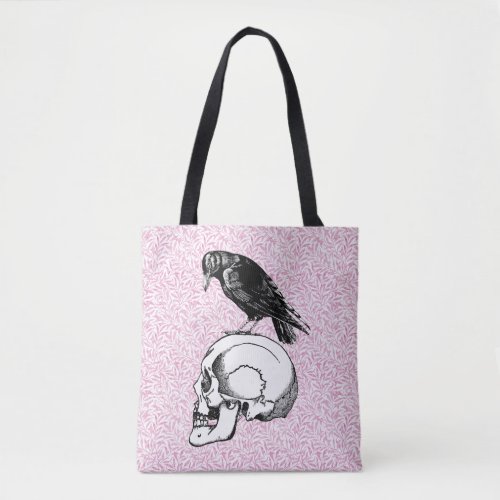 A Crow or Raven and Skull Halloween Pink and Black Tote Bag