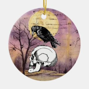 A Crow or Raven and Skull Halloween Purple Moon Ceramic Ornament