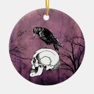 A Crow or Raven and Skull Halloween Purple Moon Ceramic Ornament