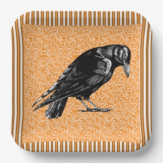 A Crow or Raven Halloween Orange and Black Paper Plates (Front)