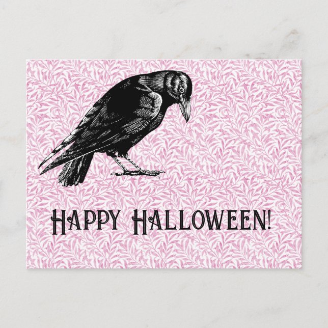 A Crow or Raven Halloween Pink and Black Holiday Postcard (Front)