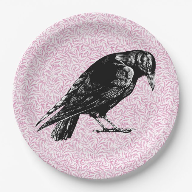 A Crow or Raven Halloween Pink and Black Paper Plates (Front)
