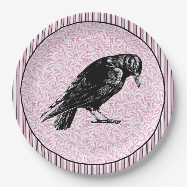 A Crow or Raven Halloween Pink and Black Paper Plates (Front)