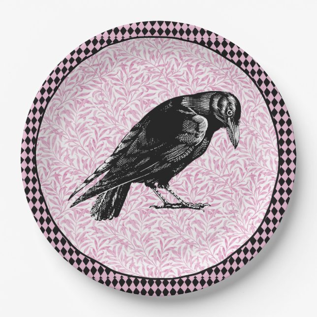 A Crow or Raven Halloween Pink and Black Paper Plates (Front)