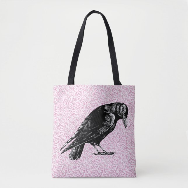 A Crow or Raven Halloween Pink and Black Tote Bag (Front)