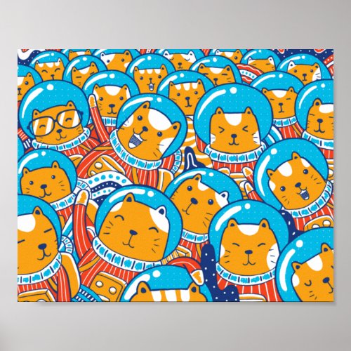 A Crowd Of Catstronauts Cute Illustration Poster
