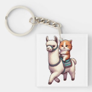 A Cuddly Kitten Riding Fluffy Llama, Cat and Llama Keychain