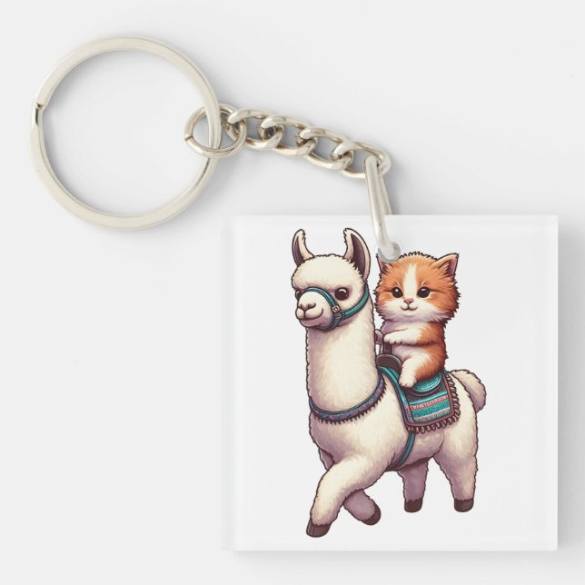 A Cuddly Kitten Riding Fluffy Llama, Cat and Llama Keychain (Front)