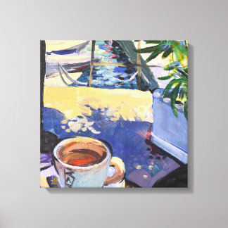 A cup of coffee on the seaside promenade Canvas Print