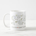 A Cup of Love and Peace<br><div class="desc">Reject hate and choose love. Enjoy a peaceful cup of tea or coffee with these hand-drawn doves.
Hand-lettered text reads:
choose love // spread peace
- -
This mug features the cartoon character Henrietta. Exclusively created by Henneke, writer and illustrator at EnchantingMarketing.com. #enchantingMugs</div>