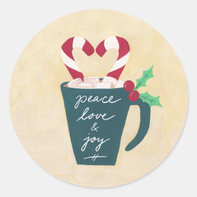 A Cup of Peace, Love and Joy Classic Round Sticker (Front)