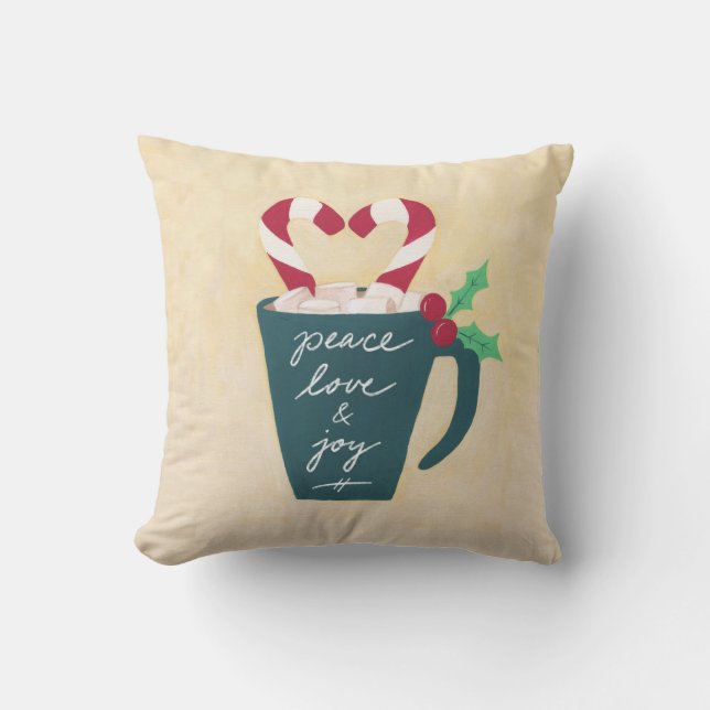 A Cup of Peace, Love and Joy Throw Pillow (Front)