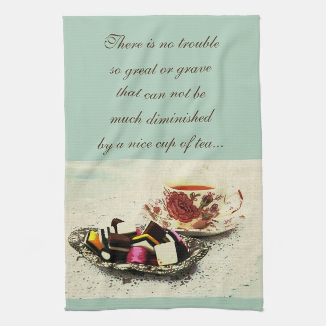 A cup of tea and sweets with quote kitchen towel (Vertical)