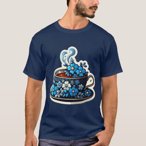 a cup with decorative blue flow filled with tea T_Shirt