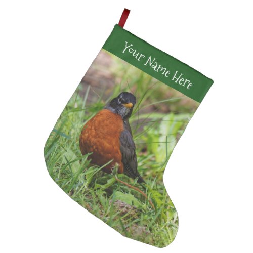 A Curious American Robin in the Grass Large Christmas Stocking