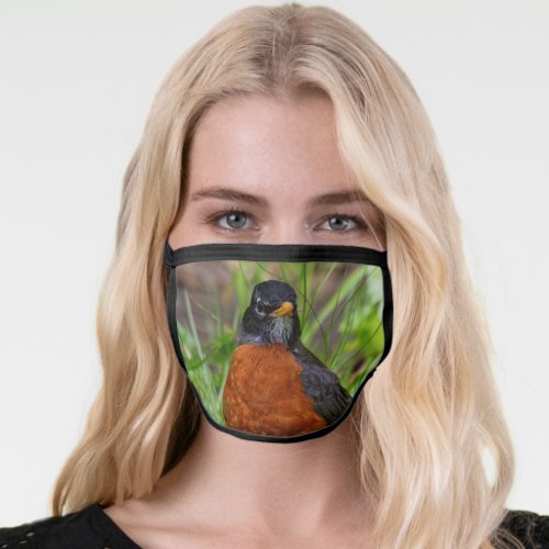 A Curious American Robin in the Long Grass Face Mask