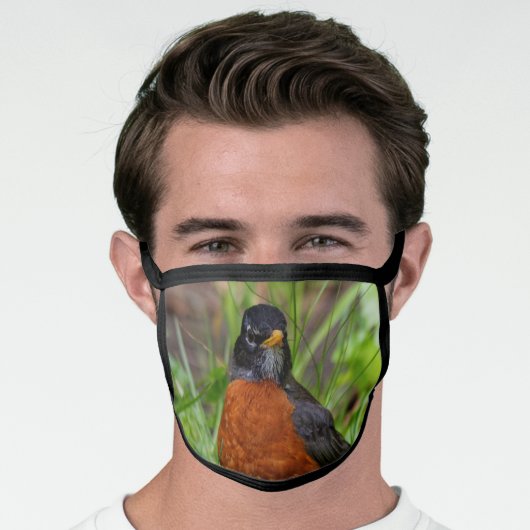 A Curious American Robin in the Long Grass Face Mask (Worn Him)