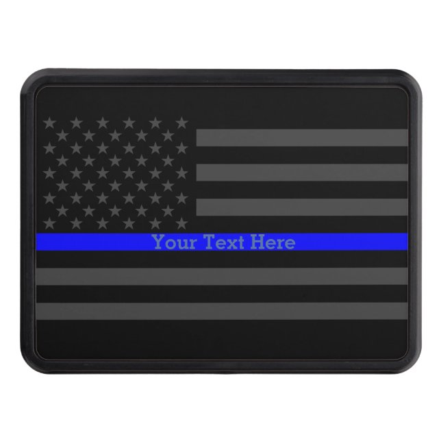 A Custom Text Thin Blue Line Grey US Flag Hitch Cover (Front)