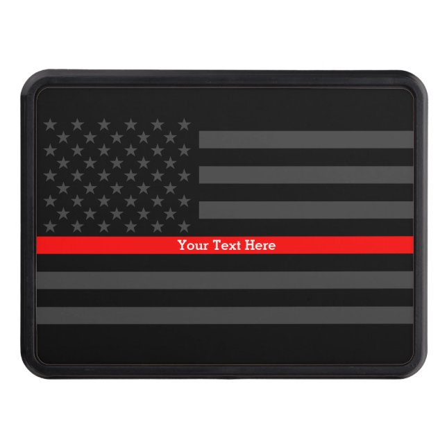A Custom Text Thin Red Line Grey US Flag on a Trailer Hitch Cover (Front)