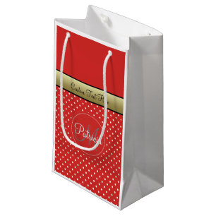 A Customized Tomato Red Polka Dots, Gold Ribbon Small Gift Bag