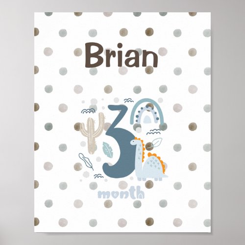 A cute 3 month design with Dino on pastel dots   Poster