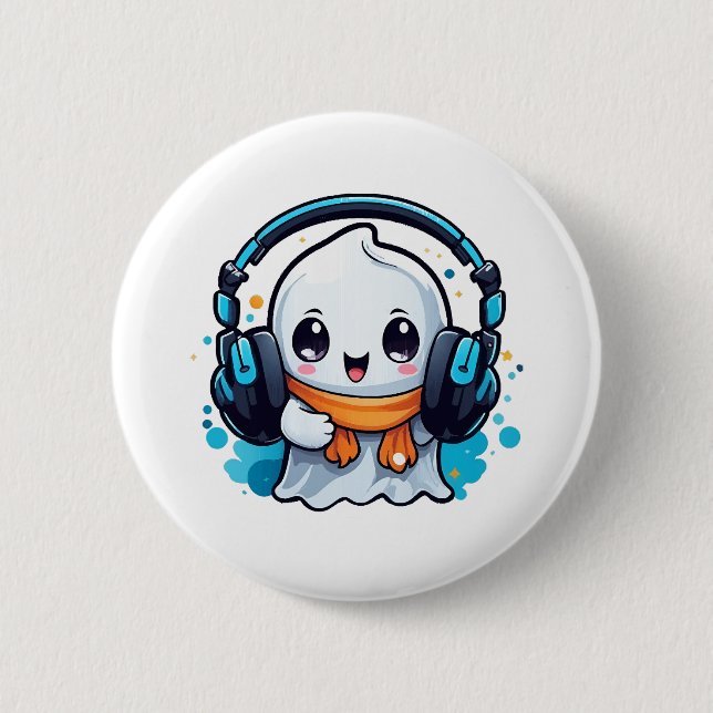 A cute and spooky ghost with headphones button (Front)