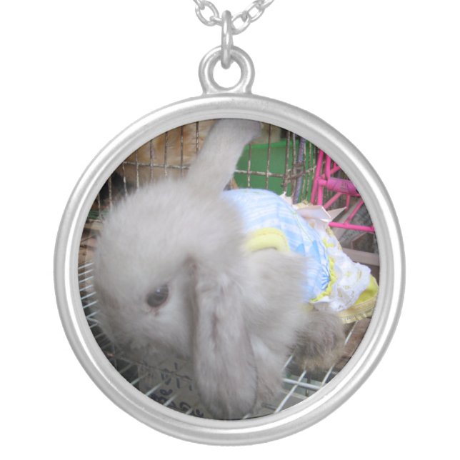 A Cute Baby Bunny Rabbit in a Dress Silver Plated Necklace (Front)