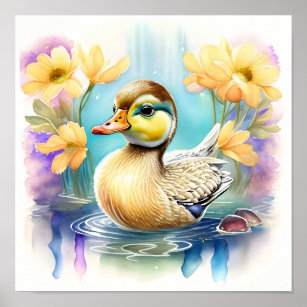 A Cute Baby Duck Swimming in a Pond  Poster