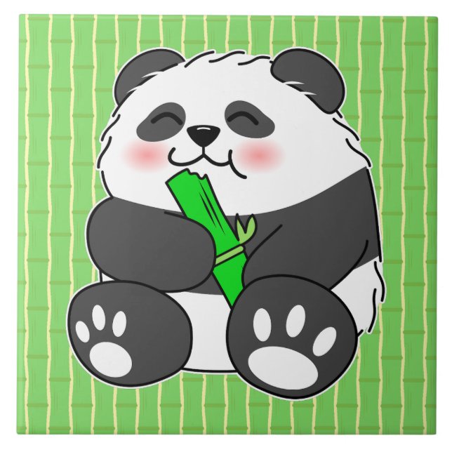 A Cute Baby Panda Eating Bamboo Stalk Ceramic Tile (Front)