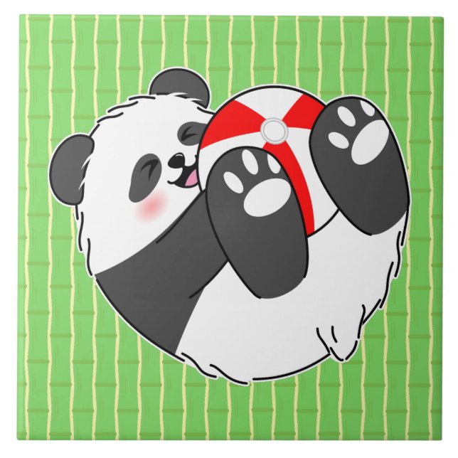 A Cute Baby Panda Playing with a Ball Ceramic Tile (Front)