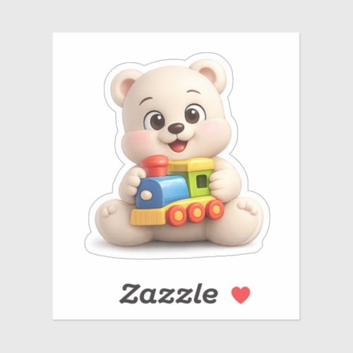 A cute bear character playing with a toy train. sticker