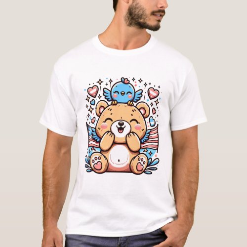 a cute bear with a small bird T_Shirt