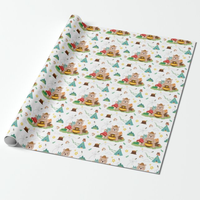 A cute bear with honey pot wrapping paper (Unrolled)