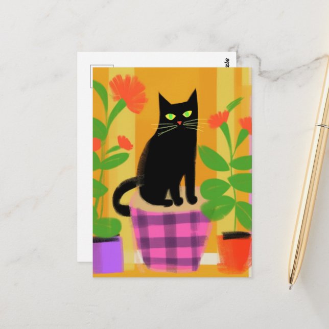 A Cute Black Cat With Plants Postcard (Front/Back In Situ)