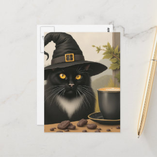 A Cute Black Witch Cat and a Coffee Postcard