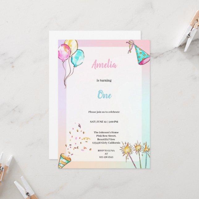 A CUTE BLUE AND PINK SURPRISE BIRTHDAY PARTY  INVITATION (Front/Back In Situ)