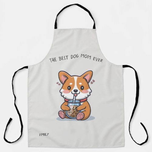 a cute boba loving corgi dog mom apron