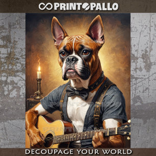 A cute boxer dog playing guitar in its bedroom - tissue paper