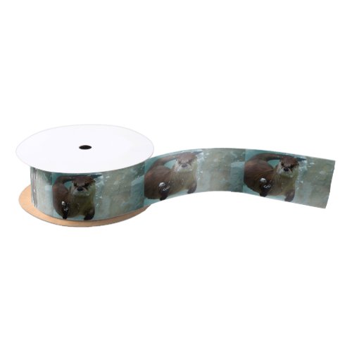 A cute Brown otter swimming in a clear blue pool Satin Ribbon