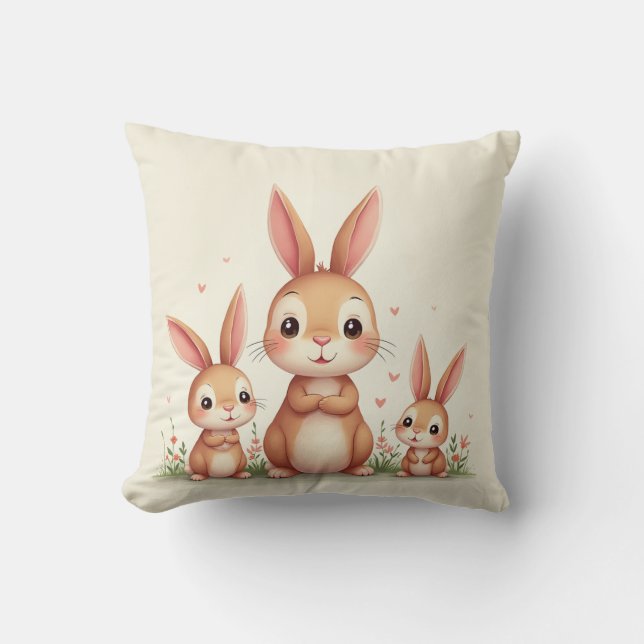 a cute bunny family gathering throw pillow (Front)